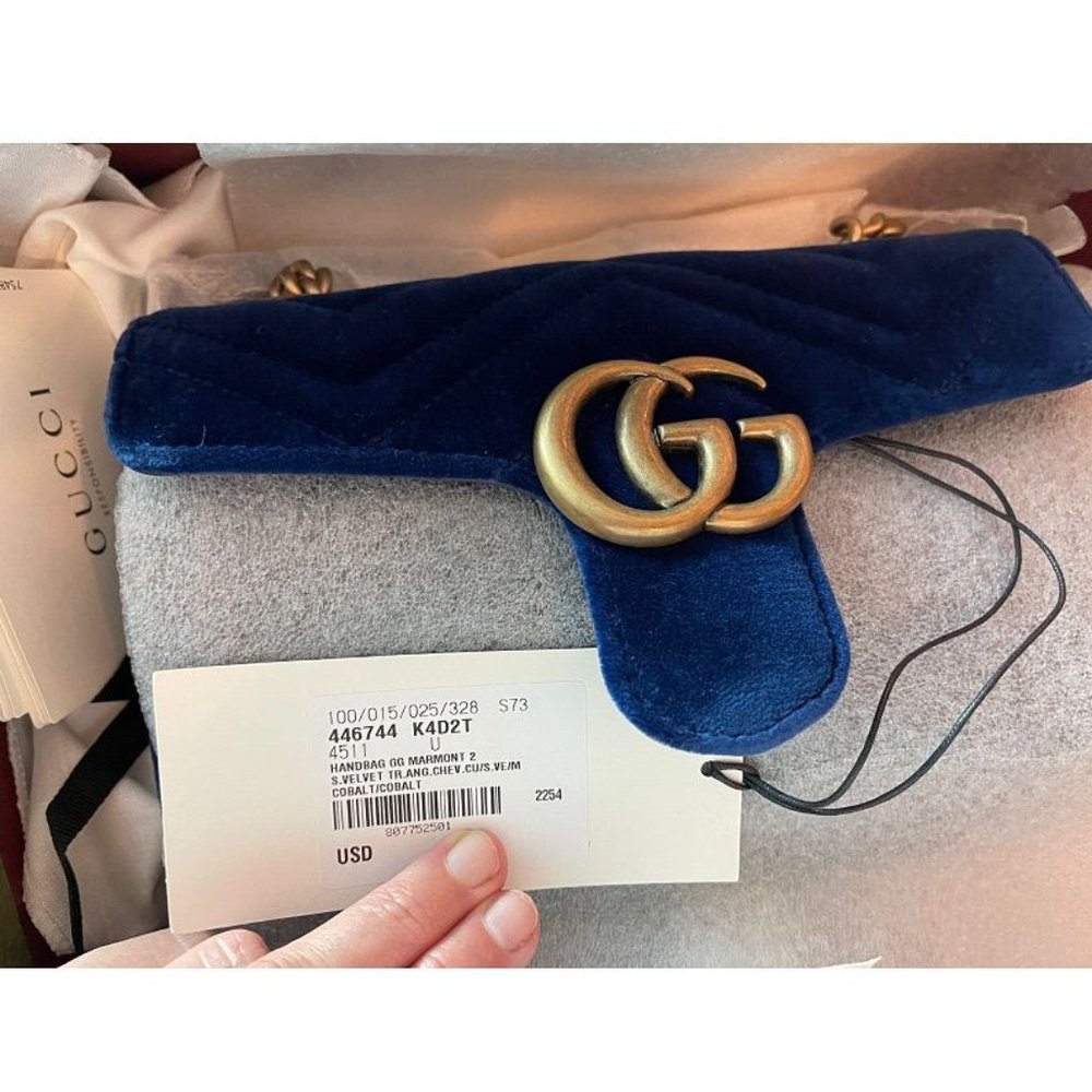 Gucci Velvet Matelasse Small GG Marmont Shoulder Bag Cobalt Blue Gold Handbag NW - Picture 9 of 9